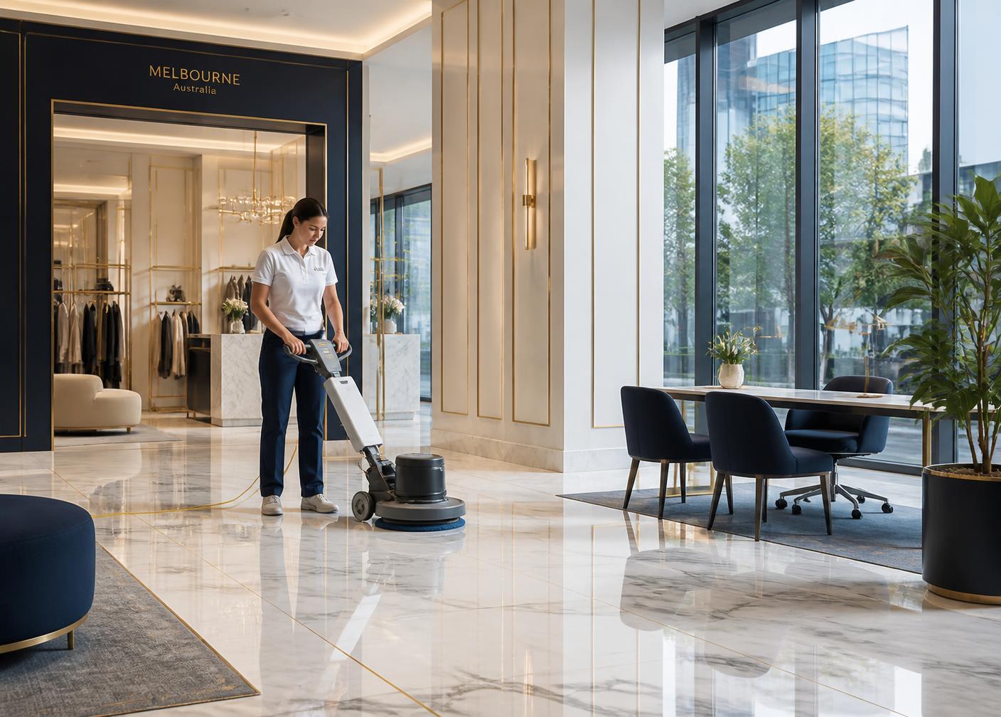 Cleaner in white-and-navy uniform polishing a marble floor in a premium Melbourne retail and office space
